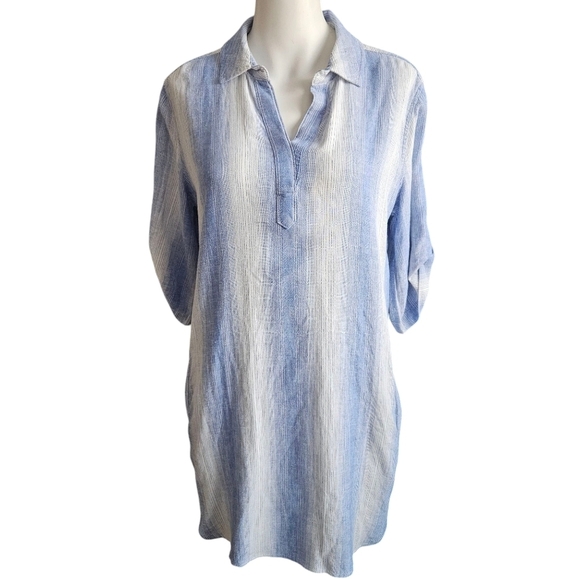 Bella Dahl Size Small Linen Blend A-Line Serene Sea Stripe Shirtdress Blue White - Picture 2 of 9